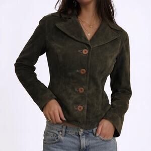 Y2K Wilson’s Leather Dark Green Suede Button Front Jacket Fitted Small